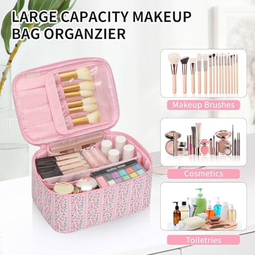 OCHEAL Makeup Bag for Women - Travel Cosmetic Organizer with Brush Slot & Divider, Large Capacity Toiletry Bag for Girls, Travel Makeup Case for everyday Make up Accessories -Pink Floral - color: 0020_Floral Pink, size: Medium