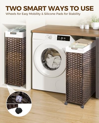 Greenstell Laundry Hamper with Wheels & Handles, 26.4 Gallon (100L) Slim Laundry Basket with 2 Removable Liner Bags & 2 Mesh Bags, Foldable Narrow Clothes Hamper for Bedroom, Bathroom, Closet, Brown - color: Brown, size: 100L (21.7 x 9.8 x 30.7 inches)