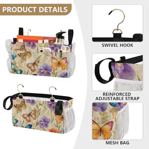 Bedside Caddy Metal Frame Hanging Organizer Bunk Bed Dorm Accessories Hook And Loop Storage Bag Large Pockets Cottagecore Beige Butterflies Flowers - color: Cottagecore Beige Butterflies Flowers