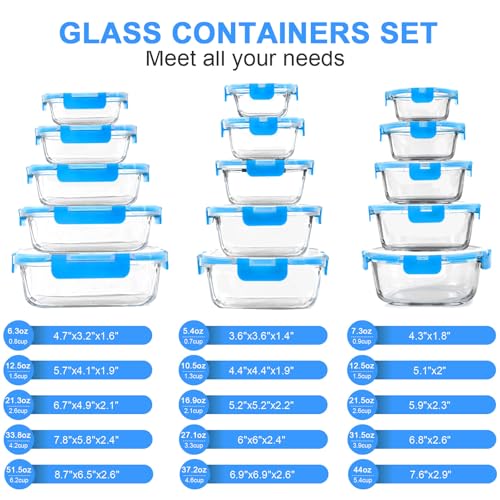30 Pieces Glass Food Storage Containers, Meal Prep Set with Snap Locking Lids, Airtight lunch Containers, BPA-Free, Microwave, Oven, Freezer & Dishwasher Friendly,Blue - color: Blue