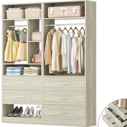 Besiost 4FT Closet Systems with 5 Wood Drawers, 48 Inch Closet Organizer System with 2 Hanging Rods & 7 Shelves, 48" Walk-in Closet, White Oak (48"L x 15" W x 80" H) - color: White Oak