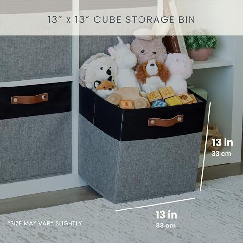 OrganiHaus 13" x 13" x 13" Cube Fabric Storage Bins Set of 4, Fabric Storage Cubes w/ Vegan Handles, 13 inch Collapsible Bins for Clothes & Toy Organizer, 13x13 Basket for Kallax - Grey/Black - color: Gray Base / Black, size: (13x13) Leather Handles