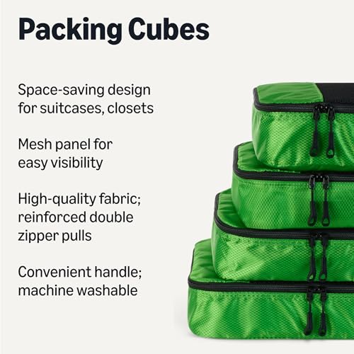 Amazon Essentials 4-Piece Packing Cubes Travel Accessories Set, Luggage Organizer, Suitcase Organizer with Double Zipper, Mesh Top, Space-Saving, Polyester, Green (Previously Amazon Basics) - color: Green, size: 4 x Medium