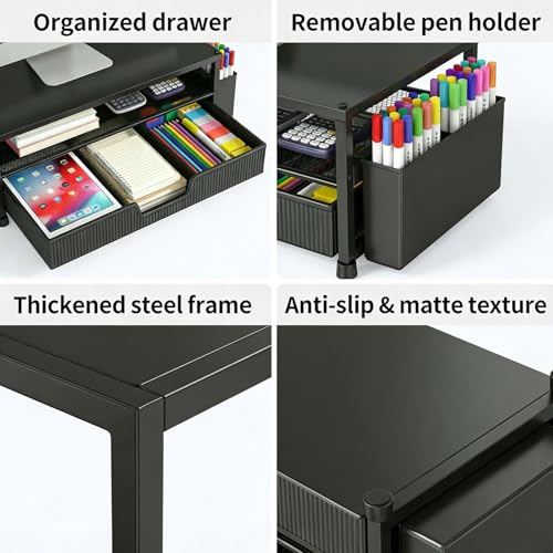 ECOLOVI Desk Organizer and Accessories, 2-Tier Computer Monitor Stand Rise with Storage Drawer & 2 Pen Holders, Laptop & Printer Stand for Desktop, Workspace Organizers for Office Supplies (Black) - color: Black