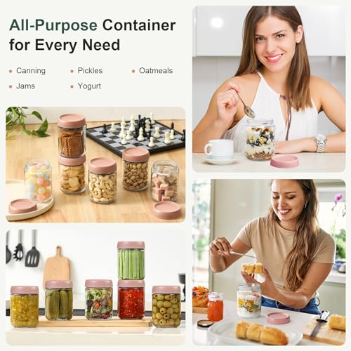 NETANY 6-pack 16oz Glass jars with Airtight Lids, Overnight Oats Containers with Lids, Wide mouth Mason Salad jars, Glass Food Storage Containers for Snacks Yogurt Spice Sugar-Pink - color: Pink-6pack-16oz