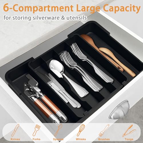 Homecor Silverware Organizer - Expandable Kitchen Drawer Organizer Utensil Holder, BPA Free Flatware and Cutlery Tray for Spoons Forks Knives, Plastic Kitchen Organizer and Storage - color: Black, size: Medium(9.5-15.6"W x 12.3"D)