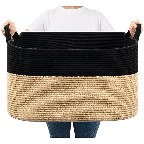 Goodpick Large Woven Storage Basket, 21.6" x 14.9" x 11.8" Rectangle Cotton Rope Laundry Basket with Handles, Baby Toy Blanket Storage for Living Room, Bedroom - color: Black Camel, size: Large(21.6"L x 14.9"W x 11.8"H)