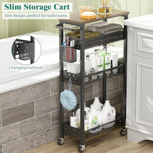 XYZLVSI Slim Storage Cart 4 Tier Laundry Cart with Wheels, Narrow Metal Kitchen Rolling Carts Bathroom Organizers Storage Shelf with Wood Rack and Handle for Small Space - color: Black