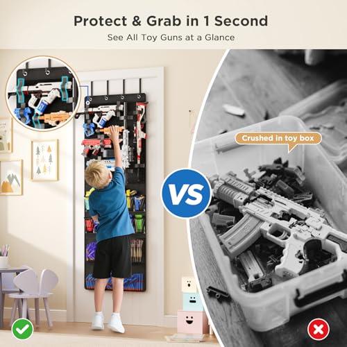Over the Door Organizer for Toy Guns, Toys Storage Door Hanger with Pockets and Slots for Kids Foam Blasters, Darts, Goggles, Over Door Toy Guns Storage Organizer, for Kids Rooms, Game Rooms, Black - color: Black
