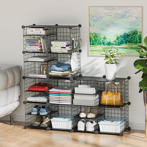 Wire Cube Storage Organizer, 12 Cubes Converted into 14 Cubes, Sturdy Metal Grids Storage Shelf Closet Shelving Units and Storage, Shelves for Bedroom LIvingroom Office - color: Black, size: 12 cubes