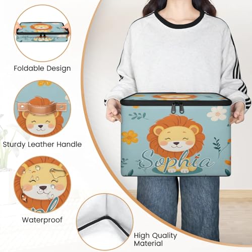 Custom Storage Basket with Name, Personalized Storage Bins with Zipper Lid, Foldable Fabric Storage Box Large capacity with Handle Flower Lion - color: Option 10