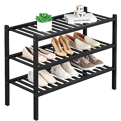 ROMGUAR CRAFT 3 Tier Bamboo Shoe Rack for Closet Free Standing Wood Shoe Shelf Storage Organizer for Entryway Small Space Stackable 27"x11"x20" (Black) - color: Black, size: 3 Tier