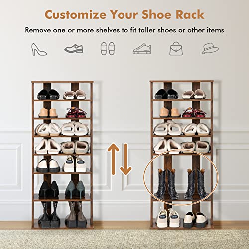 COSTWAY 7 Tiers Shoe Rack, Double Rows Vertical Tall Narrow Patented Shoe Organizer, Free Standing Shoe Rack for Small Space, Entryway, Closet, Living Room, Bedroom (Rustic Brown) - color: Rustic Brown