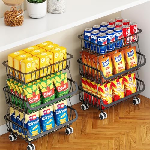 3-Tier Rolling Pantry Cart with Wheels, Stackable Wire Storage Floor Organizer for Kitchen Pantry Snack Shelves, Fruit Basket Stand, Vegetable Storage Rack for Food Snacks Onion Potato, Black, 2 Pack - color: 3 Tier-black (2 Pack)