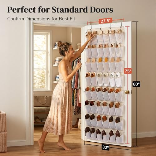 48 Pockets Over The Door Shoe Organizer, Large Mesh Hanging Shoe Rack, 6-Column Heavy Duty Shoe Storage for Sneakers and Heels, Behind Door Holder for Entryway Bedroom Dorm College, Beige - color: Beige