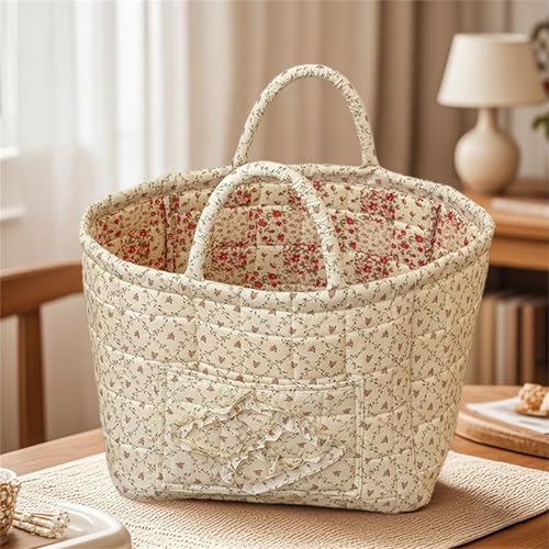 Quilted Fabric Storage Basket with Handles & Pocket, Foldable Laundry Hamper Boho Floral Print Organizer Bin for Home, Picnic, Office 12"x10"x10" (A-2) - color: A-2
