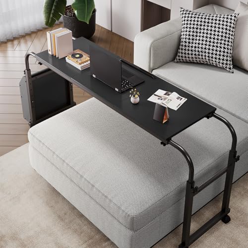 Arlopu Overbed Table with Wheels,60.6-84.2 inches Mobile Bed Desk,Rolling Computer Desk, Laptop Cart,W/0-65°Tilt Stand,4 Heights and 6 Lengths,Side Storage Basket,for Home,Office and Hospital (Black) - color: Black