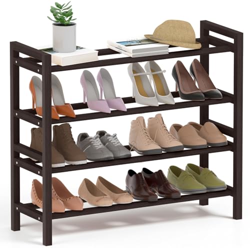 Haddockway Bamboo Shoe Rack for Closet, Free Standing Shoe Organizer with Smooth Round Rods & Convenient Handles, Stackable Shoe Storage Shelf for Entryway, Hallway(Brown, 4-Tier) - color: Brown, size: 4-Tier_Standard