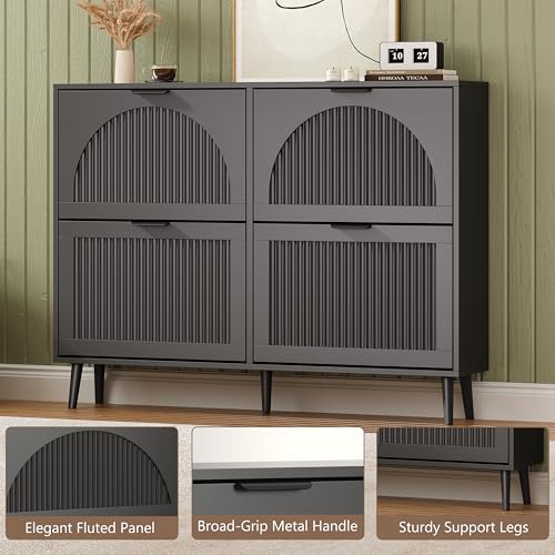 BORNOON Shoe Cabinet for Entryway with 4 Flip Drawers, Slim Wooden Shoe Storage Organizer with Modern Fluted Pannel，Freestanding Narrow Hidden Shoe Rack for Hallway, Foyer, Living Room - color: Black, size: 4 Flip Drawers