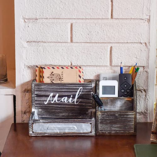OKSQW Farmhouse Mail Organizer Countertop Letter Sorter Caddy 2 Tier Rustic Mail Tray Wooden Mail Holder File Organizer Bill Paper Folder Office Desk Accessories Rustic Office Supplies Home Decor - color: Dark Brown Mail Storage Small