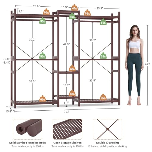 Homykic Bamboo Closet System Clothes Rack, Large Freestanding Garment Rack Clothing Rack for Hanging Clothes with 7 Storage Shelves and 5 Rods, Open Wardrobe Organizer with 4 Hooks, Espresso - color: Espresso, size: III Large