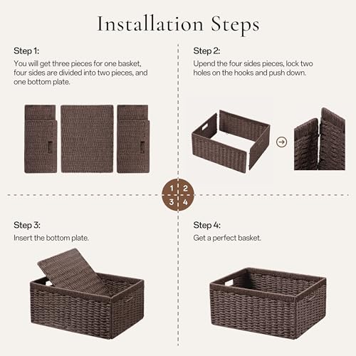 UBBCARE 2 Pack Wicker Basket, 13.4L×8.3H×7.1W inch Woven Paper Rope Storage Baskets for shelves, Foldable Rectangular Storage Baskets with Handle, Storage Basket for Organizing, Dark Brown - color: Dark Brown, size: 2pack Medium