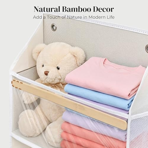 5 Tiers Natural Bamboo Over Door Organizer with 10 Mesh Side Pockets, 50 lbs Weight Capacity Hanging Storage Organizer with Clear Window Kids Toys, Shoes, Diapers, Warm Beige