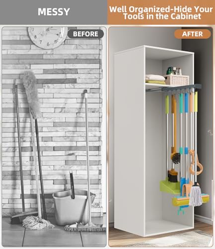 Pull Out Broom Holder, Multifunctional Slide Broom And Mop Storage/Organizer With Adjustable Double Row Sliding Hook, Garage Organization Hooks, for Closet Laundry Garage Kitchen - 41cm/16.141inch - color: Dark grey, size: 16.14 inches