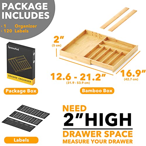 SpaceAid Bamboo Silverware Drawer Organizer with Labels, Kitchen Utensil Expandable Tray Holder Organizer for Flatware, Cutlery, Spoon and Knives Drawer Storage Organization (Natural, 10 Slots) - color: Natural