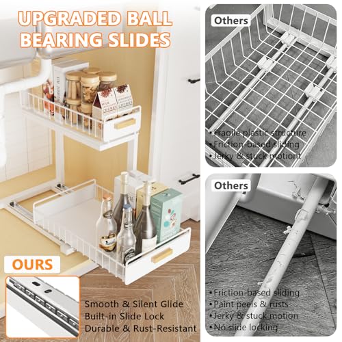 2 Pack Under Sink Organizer with Ball Bearing Sliding Drawer, Heavy Duty Pull Out Cabinet Organizer, 2 Tier Adjustable Storage Rack for Kitchen Bathroom, Space Saving Design, White - color: White, size: 2 Pack Double Layer