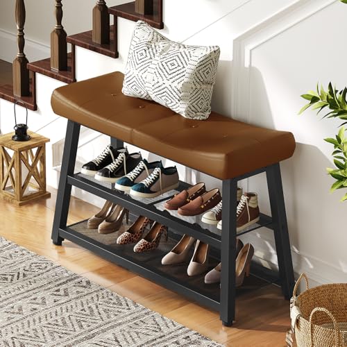 YATINEY Shoe Bench, 3-Tier Shoe Rack, Entryway Bench with Storage and Cushion, for Hallway, Foyer, Bedroom, Brown and Black HX02BV - color: Brown + Black