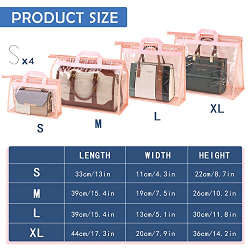 CINPIUK Handbag Dust Bags Clear Purse Storage Organizer for Closet Small to Extra Large Handbags Dust Free Bags Hanging Zipper Storage Bag with Hooks, (Pink, 4 Sizes-4PCS) - color: Pink, size: 4 Sizes-4PCS