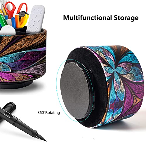 Remote Control Holder Round Leather Art Supply Organizer, PU Leather Pencil Stationery Desk Storage Makeup Organizer for Heater Controllers TV Remotes, 4 Compartments, 360 Degree Spinning