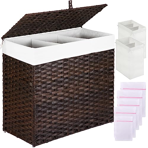 Greenstell Laundry Hamper with Lid, 125L Large Clothes Hamper with 3 Section & 2 Section Removable Liner Bags & 5 Mesh Laundry Bags, Handwoven Synthetic Rattan Divided Laundry Basket, Brown - color: Brown