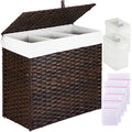 Greenstell Laundry Hamper with Lid, 125L Large Clothes Hamper with 3 Section & 2 Section Removable Liner Bags & 5 Mesh Laundry Bags, Handwoven Synthetic Rattan Divided Laundry Basket, Brown - color: Brown