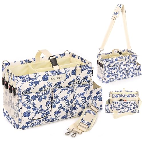 FifthStart Multiuse Large Blue Floral Diaper Caddy with Waist, Shoulder Strap, 9 Pockets, Mesh Base, and Adjustable Compartments - color: Blue Floral, size: Large