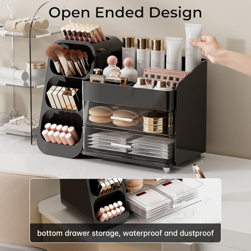 Makeup Organizer for Vanity with Brush Holder, Large Plastic Bathroom Countertop Skincare Organizer with 2 Drawers, Spacious Cosmetic Display Case for Perfumes, Eyeshadow Palettes, Nail Polishes - color: Black, size: Large