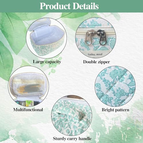 Green Large Quilted Floral Makeup Bag Cute Soft Coquette Aesthetic Cosmetic Bag Cotton Travel Toiletry Bag for Women - color: A-Green