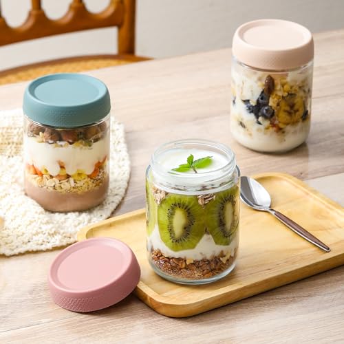 NETANY 12-pack 16oz Glass jars with Airtight Lids, Overnight Oats Containers with Lids, Wide mouth Mason Salad jars, Glass Food Storage Containers for Snacks Yogurt Spice Sugar - color: Multicolor-12pack-16oz