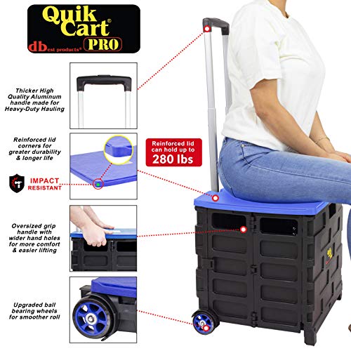 dbest products Quik Cart Pro Wheeled Rolling Crate Teacher Utility with seat Heavy Duty Collapsible Basket with Handle, Blue - color: Blue, style: Pro