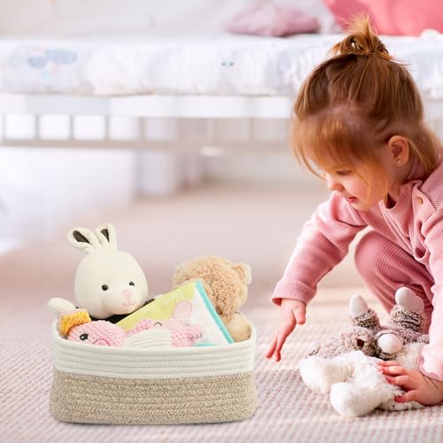 XUANGUO Small Woven Storage Baskets 12“X8”X5“ Decorative Rope Bins for Organizing Shelves, Closets, and Toys, Empty Gift Baskets, Cute Organizer Basket for Home and Office (white and brown regular) - color: white and brown, size: regular