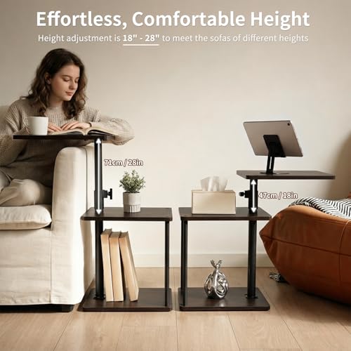 360° Swivel Side Table with Storage, Height Adjustable, Smooth-Rolling Wheels, C-Shaped End Table for Couch/Sofa, Recliner, Living Room, Black Walnut-Look - color: Black Walnut - Look