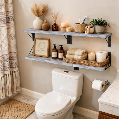 BAYKA Wall Shelves for Bedroom Decor, Floating Shelves for Living Room Kitchen Storage, Wall Mounted Rustic Wood Floating Shelves for Kids Books, Corner Shelf for Bathroom(Gray White，Set of 4) - color: E. Gray White Board & Black Brackets, size: 16-inch M