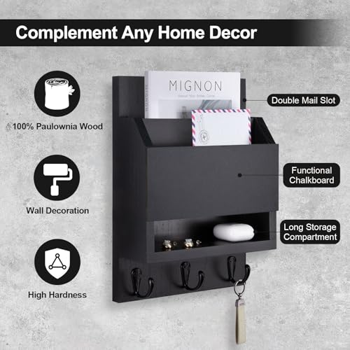 Key and Mail Holder for Wall, Key Holder with Chalkboard and Long Storage Box, Key Hanger with 3 Sturdy Hooks for Coat, Dog Leash, Entryway Mail Organizer (Black) - color: Black