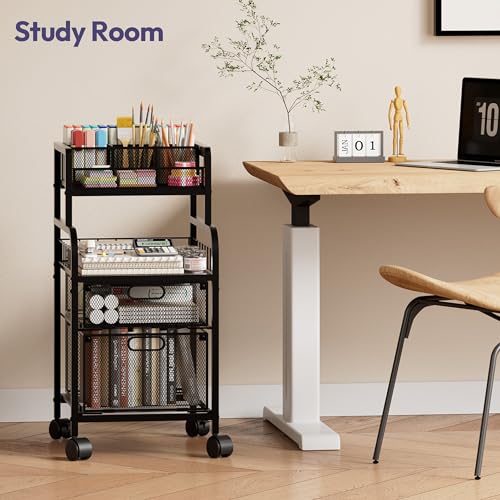 SWTYMIKI Rolling Cart with Drawers - Metal Utility Cart with Wood Shelf, DIY Divider and Locking Wheels, Craft & Art Cart Organizer for Under Desk Storage for Home Office Studio, Black - color: 4 Tiers-Black, size: 4 Tiers