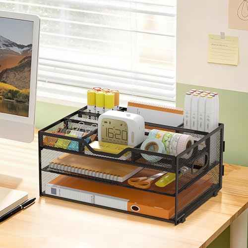 3-Tier Letter Paper Tray Desk Organizer, Black Desktop File Rack Holder with 3 Drop in Pencil Holder and Sliding Tray for Office Classroom and Home Supplies Organization Storage - color: Black-3