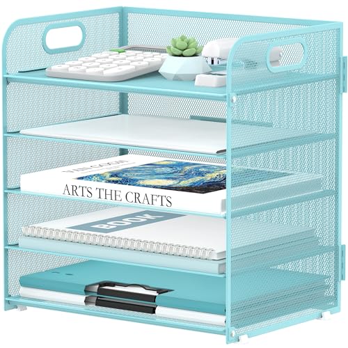 Supeasy 5 Trays Paper Organizer Letter Tray with Handle-Mesh Desk File Organizer, Paper Sorter Desk Organizer for Office, Home or School (Light Blue) - color: Blue