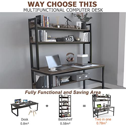 Aquzee Desk with Hutch Bookshelves, Computer Desk with 3 Tiers Storage Shelves, Space Saving Design Black Metal Legs Desk with Grey Board, Easy Assemble - color: Grey, size: 47inch