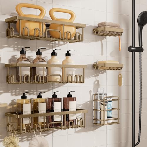 Veken Shower Caddy 6-Pack, No Drilling & Rustproof, Waterproof Adhesive Shelves Rack with Soap Holder, Large Capacity Bathroom Organizers and Storage, Wall-Mounted Kitchen & Home Decor, Matte Gold - color: L. Matte Gold