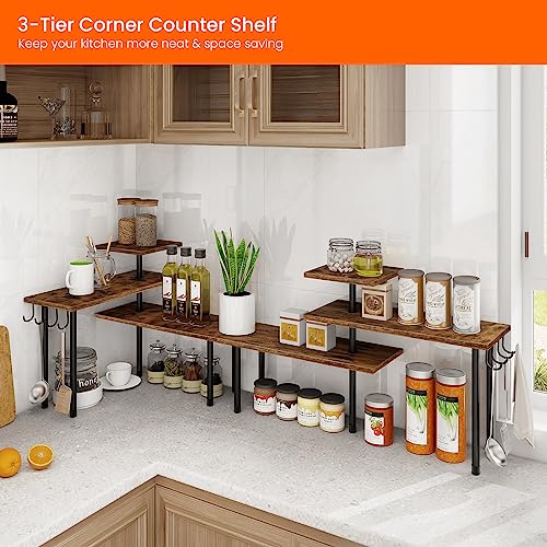 Homode Kitchen Countertop Organizer - 3 Tier Corner Shelf, Bathroom Counter Organizer, Spice Rack, Coffee Bar, Over Sink, Rustic Brown - color: Rustic Brown, With Hooks